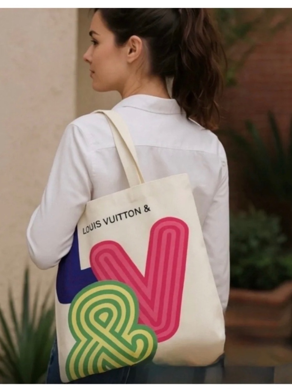 Louis Vuitton Limited Edition Cream Tote with Multicolor Letters 15” x 17”